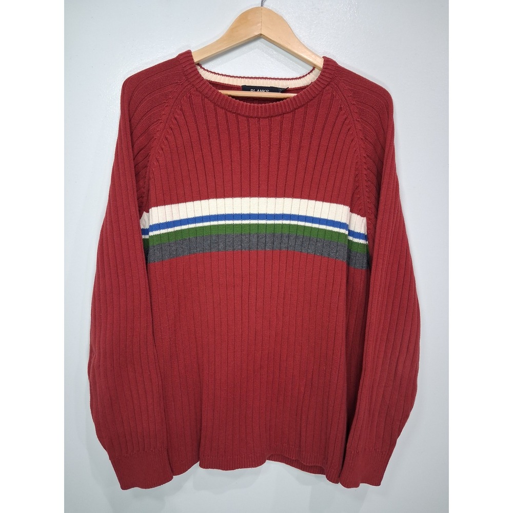Planks Mens Red Ribbed Cotton Knit Striped Chest Crewneck Sweater L Raglan Y2K